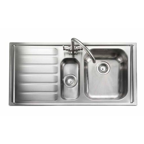 Polished stainless steel inset sink featuring a 1.5 bowl design, a single faucet, and a slotted draining board on the left side.