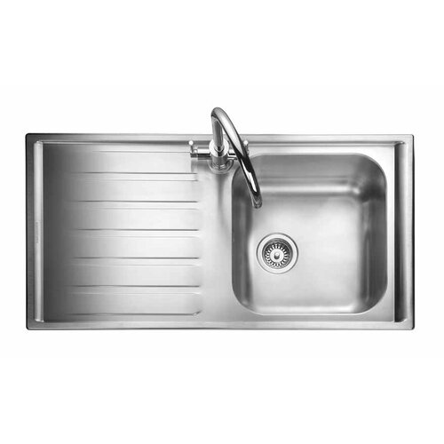 Polished stainless steel inset sink featuring one bowl, a sleek design, and a single drainer with grooves for easy water flow.