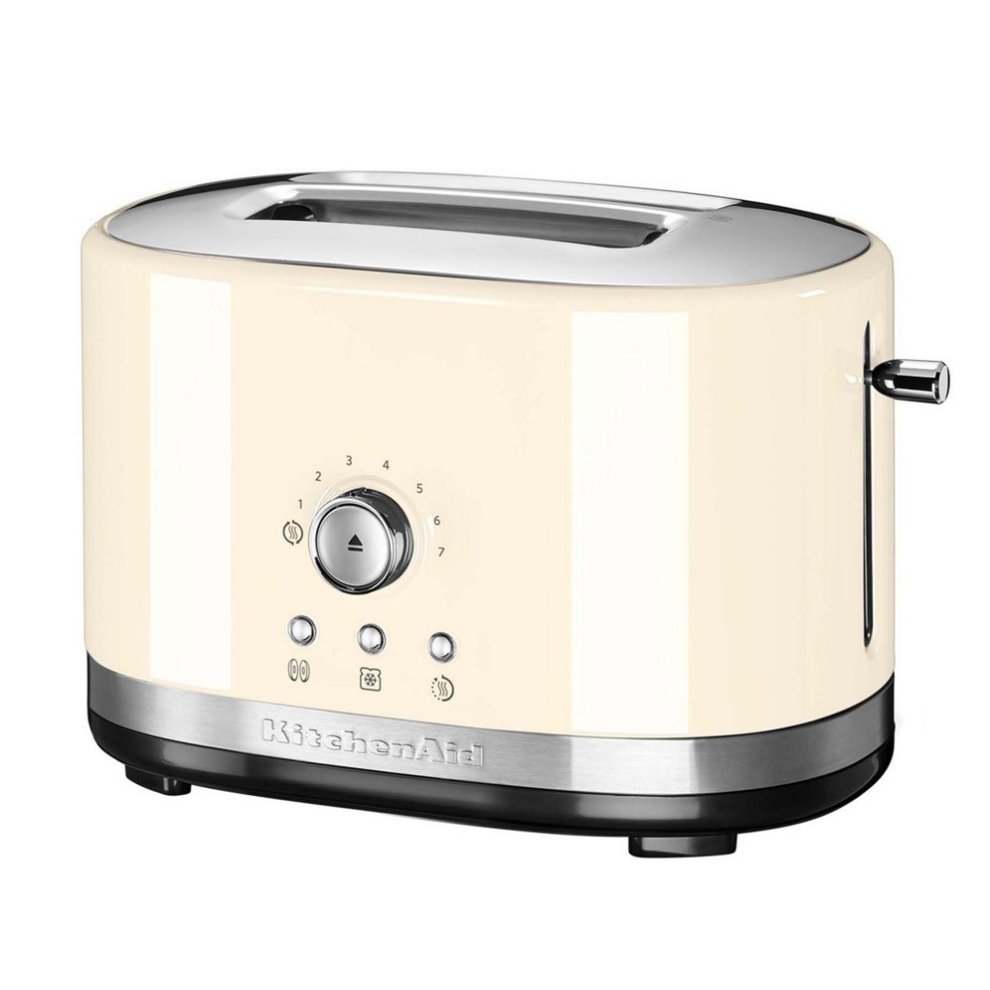 Manual control 2-slice toaster in almond cream color with a shiny chrome lever, dial for browning settings, and a stainless steel base for a modern look.