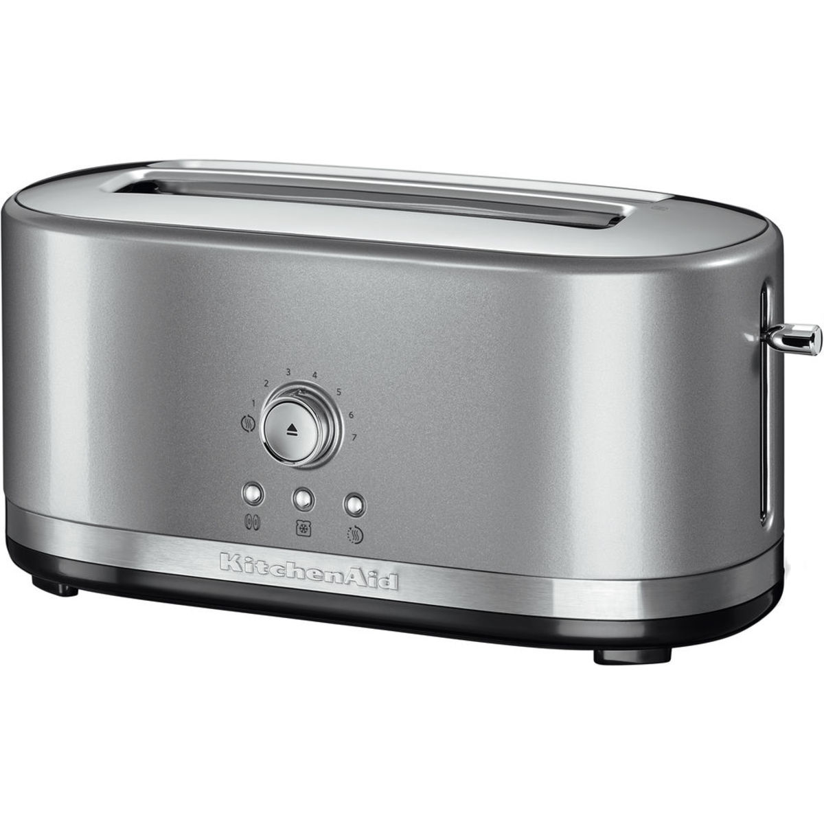Contour silver manual control toaster with four slots, round dial for browning settings, and three buttons for cancel, reheat, and defrost features.