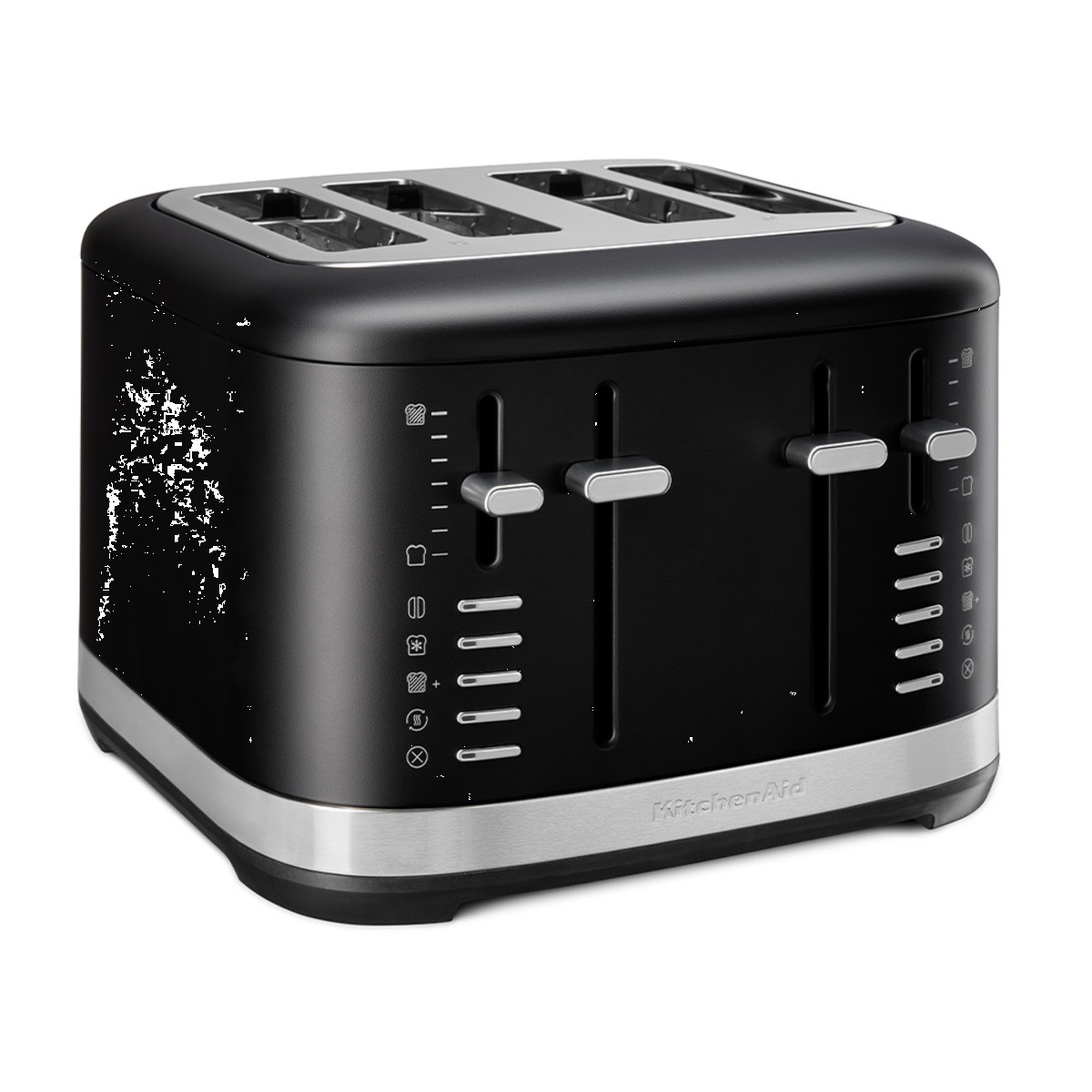 Matte black KitchenAid 4-slice toaster with stainless steel accents, featuring four slots, adjustable browning controls, and a sleek, modern design.