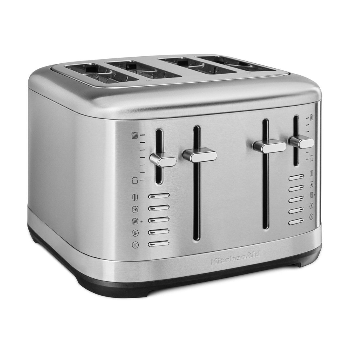 Brushed stainless steel 4-slice toaster with two control levers, multiple browning settings, and a sleek, modern design.
