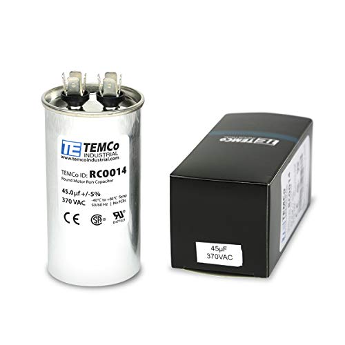 Silver cylindrical capacitor with two metal terminals on top, labeled "TEMCo 45 Uf/MFD 370 VAC," next to a black box displaying the same specifications.