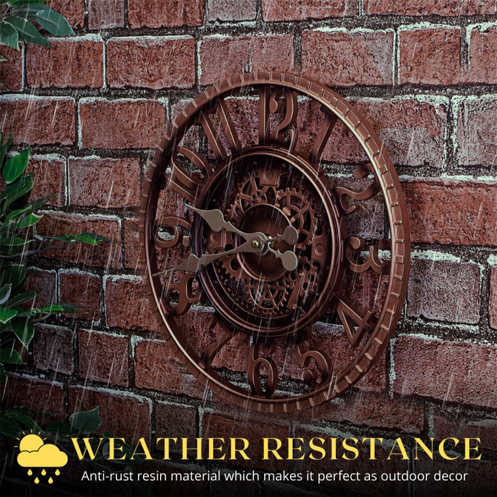 Large 30cm bronze effect wall clock with open face design, featuring Roman numerals and intricate gear details, designed for weather resistance and suitable for indoor or outdoor use.