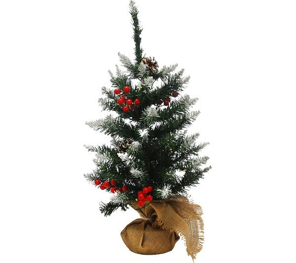 Festive 0.6 m prelit table tree with green branches, red berries, pine cones, and a burlap base, adorned with a light dusting of snow.