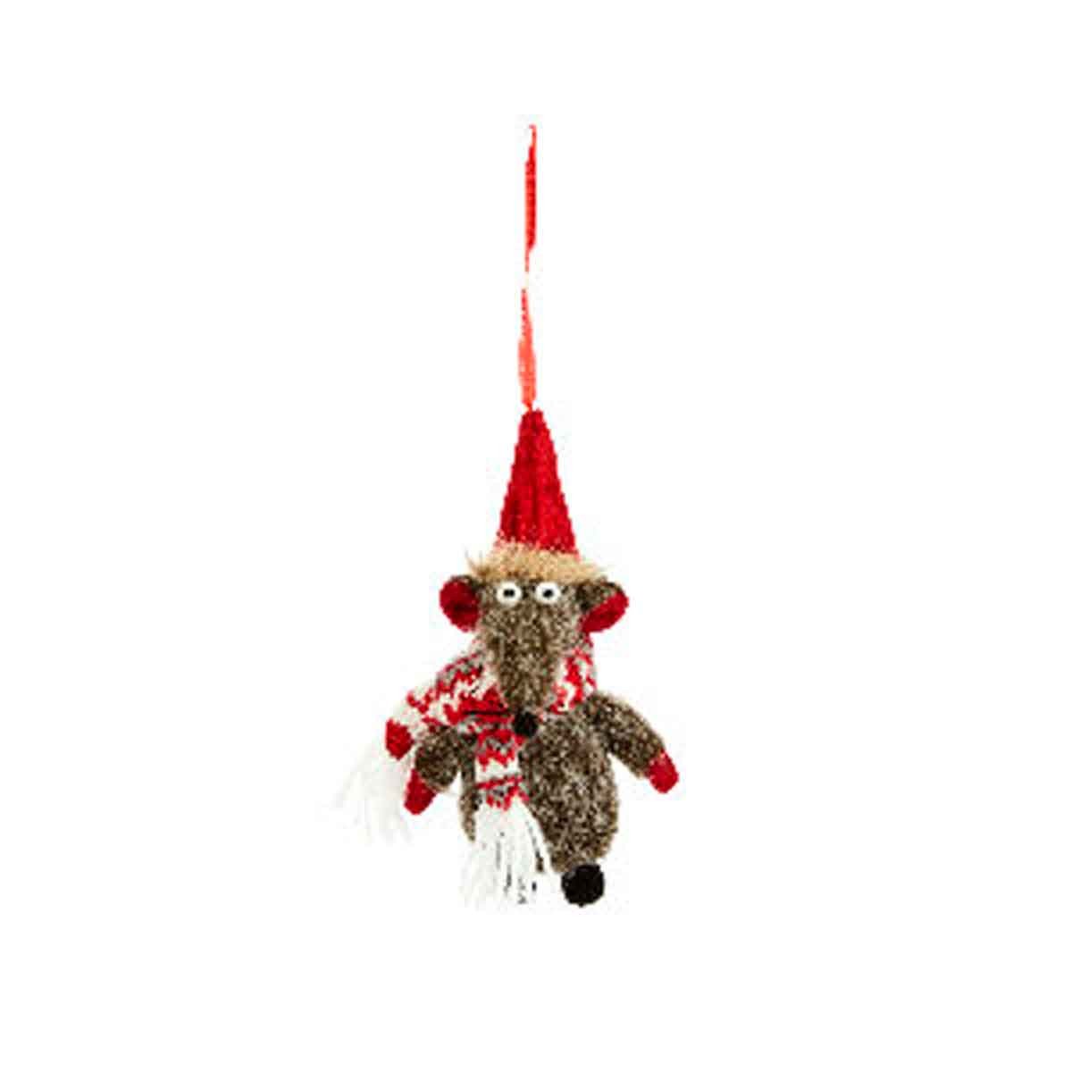 Grey rat pendant with a festive red hat and scarf, featuring black eyes and a textured, fuzzy body, hanging from a red string.