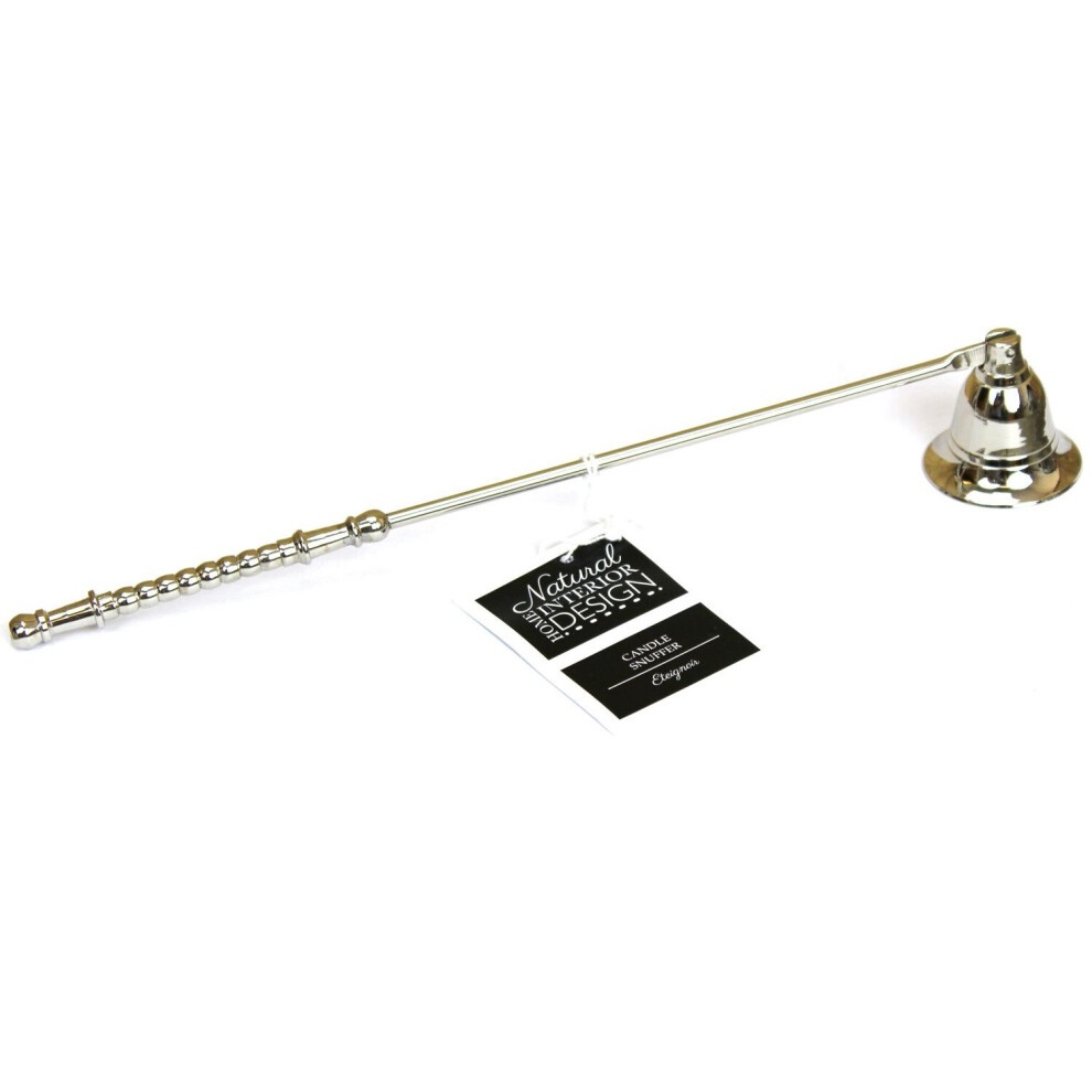 Polished metal candle snuffer with a decorative handle, featuring a shiny silver finish and a long, slender design with a beaded grip for easy handling.
