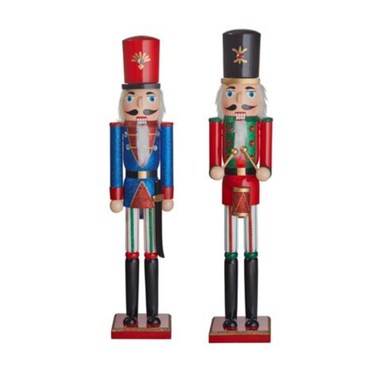 Two colorful wooden nutcrackers: one in blue and red with a beard and mustache, and the other in red and green with a tall black hat, both with intricate detailing and standing on bases.