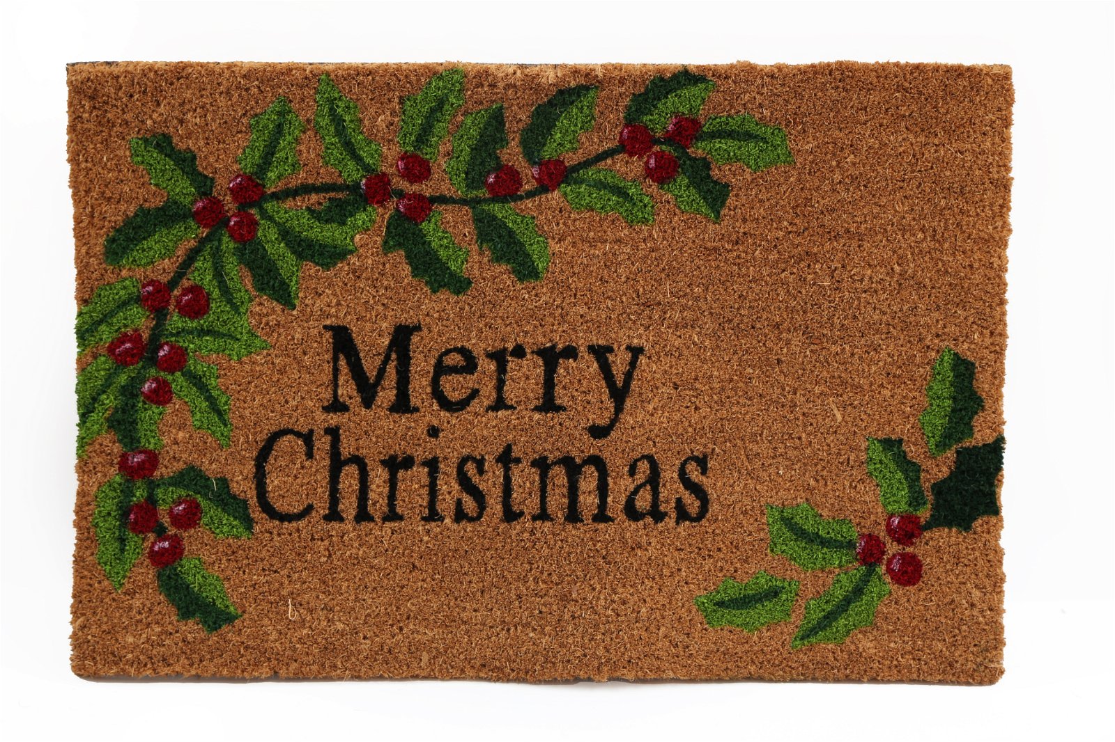 Coconut coir doormat featuring a festive design with green holly leaves and red berries, printed with "Merry Christmas" in bold black letters.