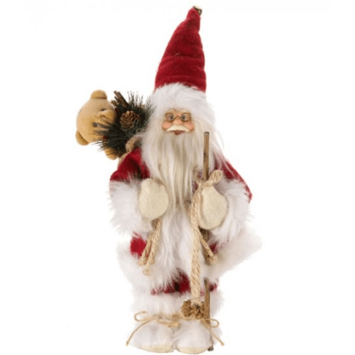Festive Father Christmas figure dressed in a red and white robe, with a teddy bear and pinecones on his back, holding a wooden staff, featuring a fluffy white beard and round glasses.
