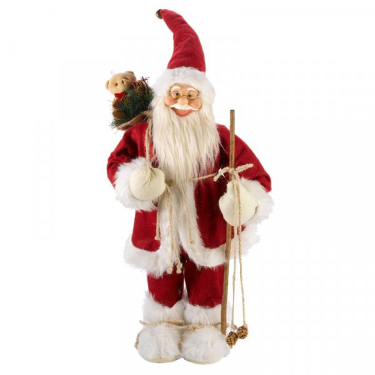 Festive red plush Father Christmas figure with a white beard, glasses, and a sack on his back, holding a staff and standing on a snowy base.