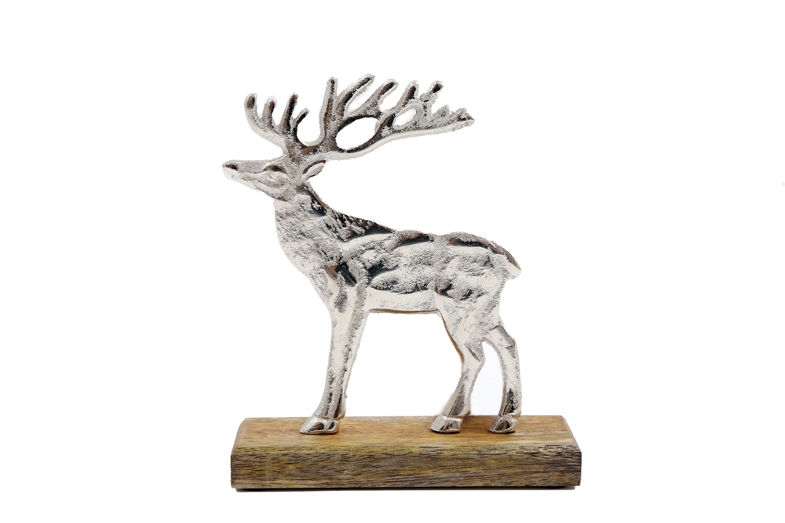 Large silver reindeer sculpture with detailed antlers, standing on a natural wood base, showcasing a shiny metallic finish and textured body.
