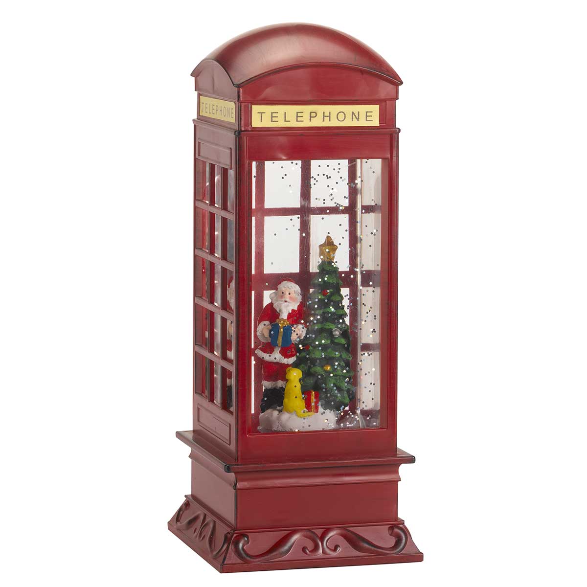 Red Santa telephone box featuring a snow globe scene with Santa, a Christmas tree, and a yellow dog, crafted from durable material with a glossy finish.