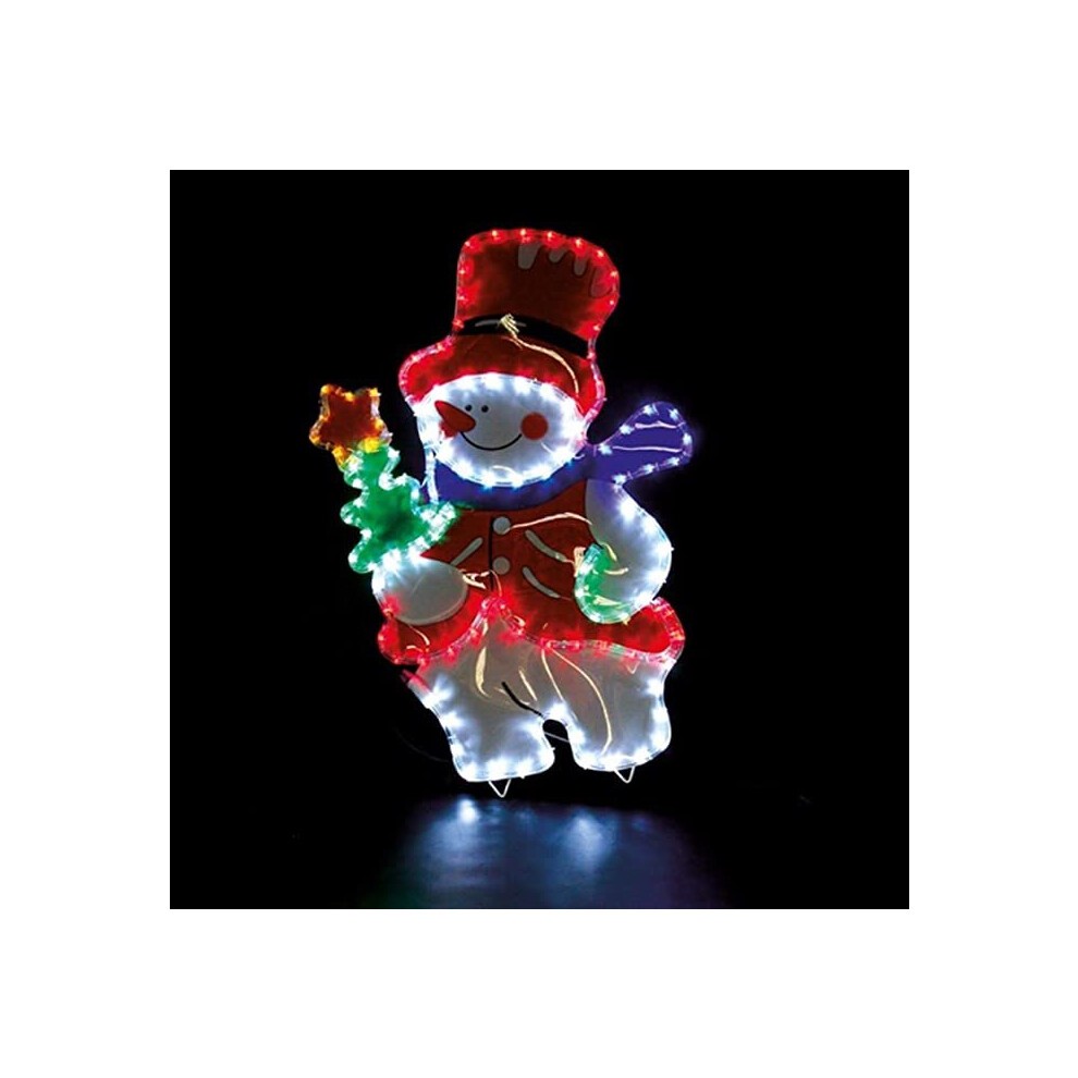 Large 85cm snowman decoration with a red top hat, colorful scarf, and holding a star, illuminated by 5m of multi-functional LED rope lights.