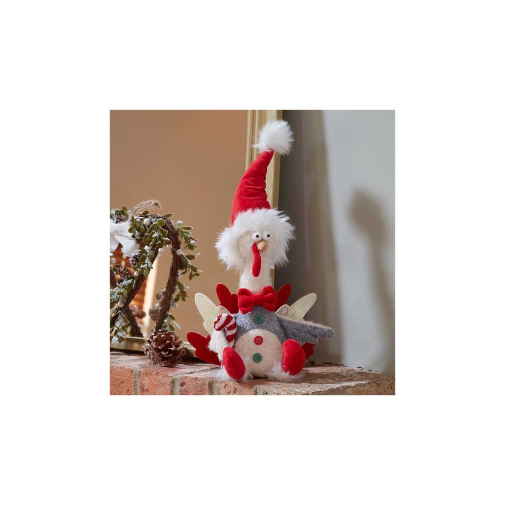 Giblet George plush toy features a whimsical turkey design with a red and white Santa hat, grey body, and festive details like a bow and antlers, measuring 36cm.