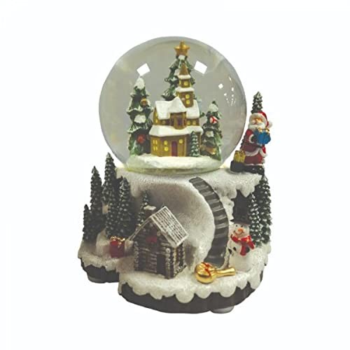 Snow globe featuring a snowy village scene with a church, Santa Claus, and pine trees, illuminated by flashing color-changing LEDs.