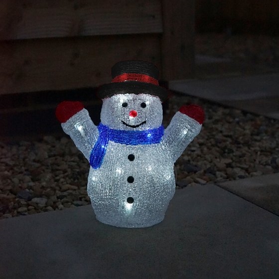 Frosted white snowman with a black top hat, red gloves, and a blue scarf, featuring illuminated lights for a festive display.