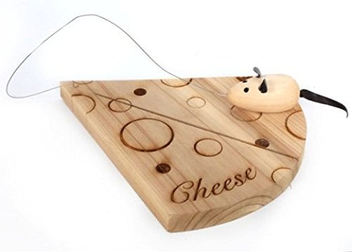 Wooden cheese board shaped like a wedge with engraved circles, featuring a small mouse handle and the word "Cheese" carved into the surface.