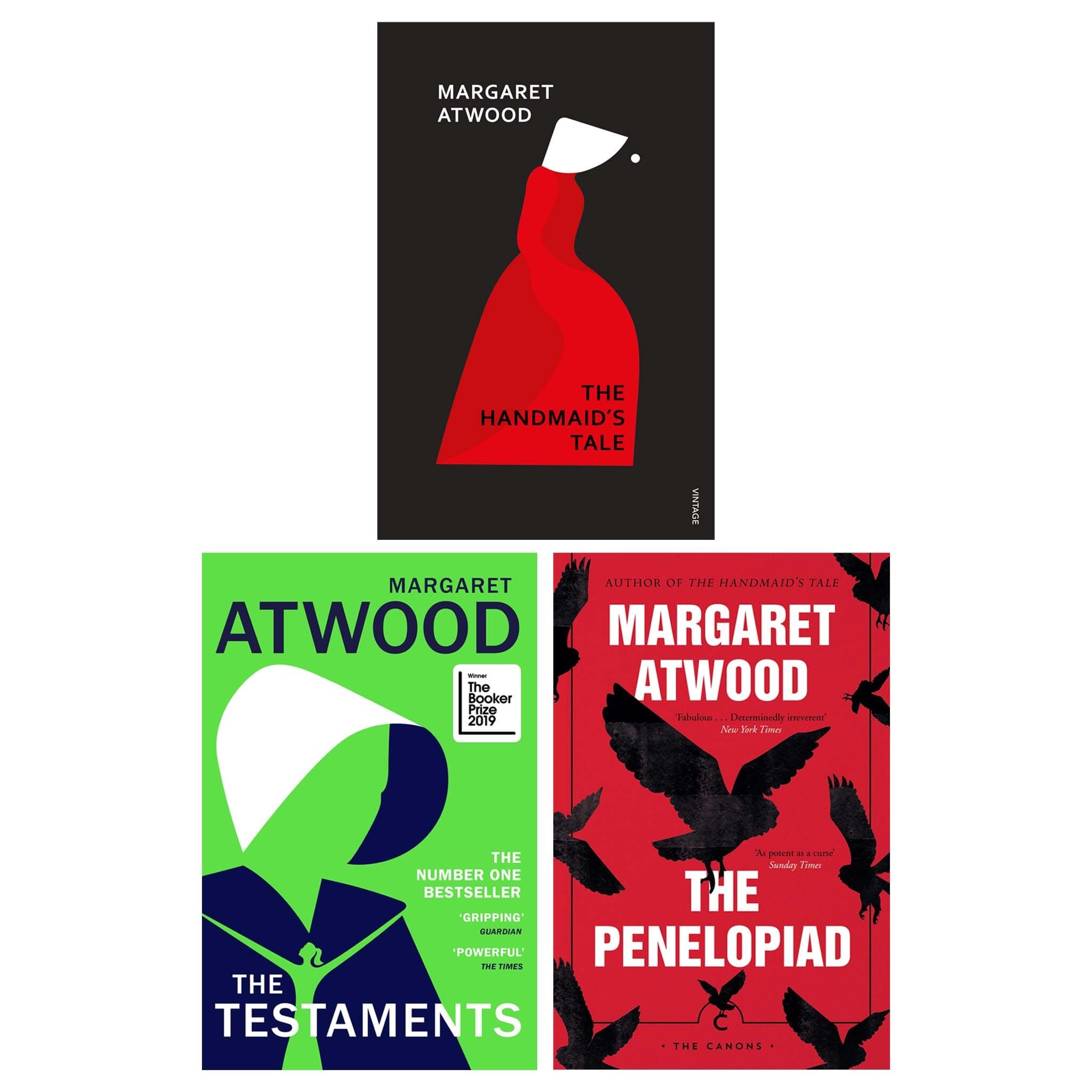 Three book covers by Margaret Atwood: "The Handmaid's Tale" features a red cloak and white bonnet, "The Testaments" is green with a hooded figure, and "The Penelopiad" is red with black birds.
