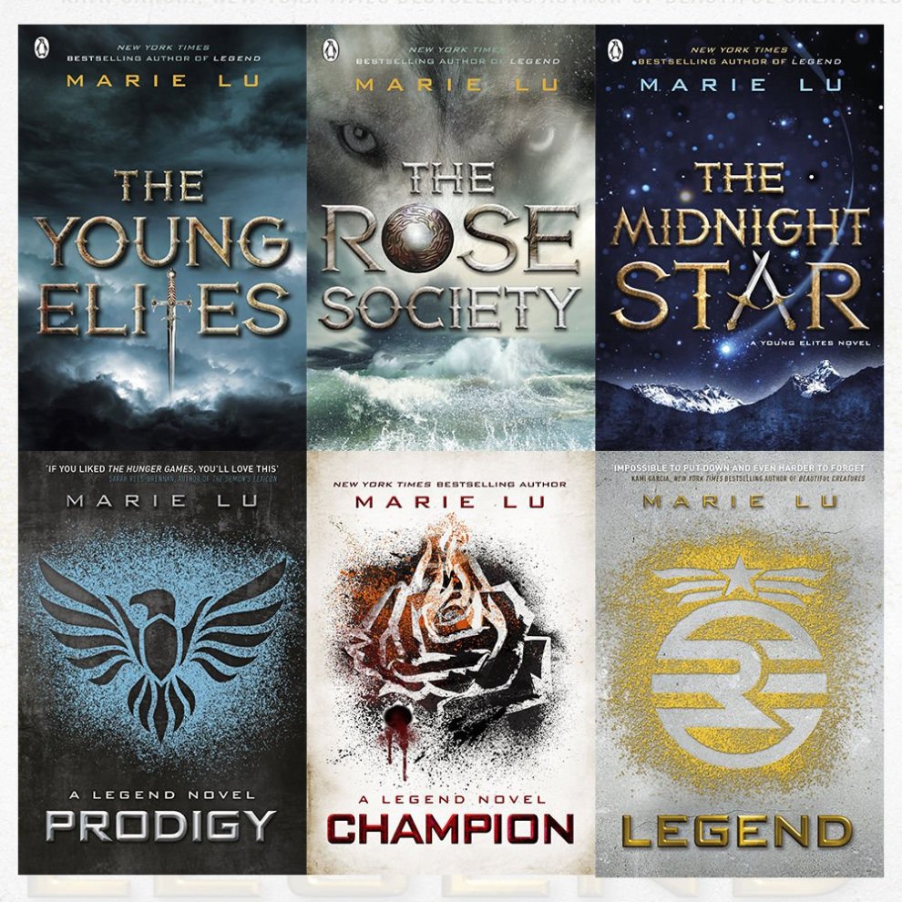Six paperback books from the "Legend & Young Elite Series" by Marie Lu, featuring distinct covers with bold titles, dark colors, and striking graphics representing each book's theme.