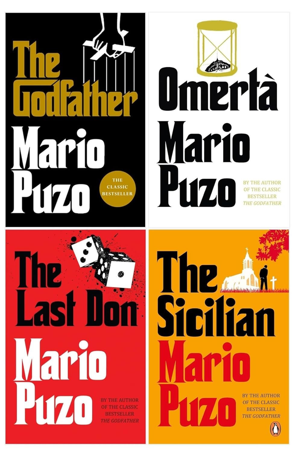 Four book covers featuring "The Godfather," "Omertà," "The Last Don," and "The Sicilian" by Mario Puzo, with bold typography in black, red, and white colors.