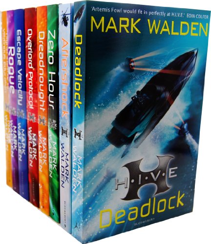 Eight colorful paperback books by Mark Walden, featuring titles like "H.I.V.E." and "Deadlock," with vibrant covers showcasing action and adventure themes.
