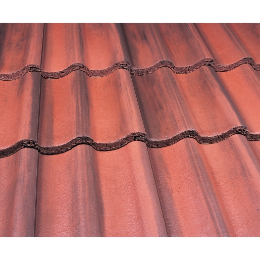 Marley Mendip roofing tiles in Old English dark red, featuring a wavy design with a textured surface, arranged in a pallet of 192 tiles.