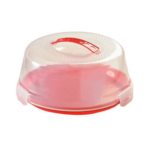 Clear plastic cake caddy with a red base and handle, featuring a perforated lid for ventilation and secure clips for easy transport of baked goods.