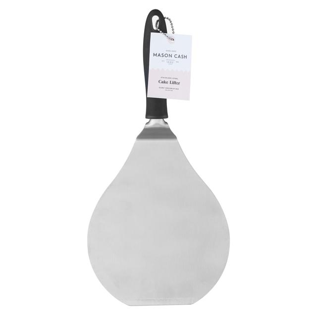 Stainless steel cake lifter with a 34cm wide, rounded blade and a black handle, featuring a hanging loop and a tag with the Mason Cash logo.