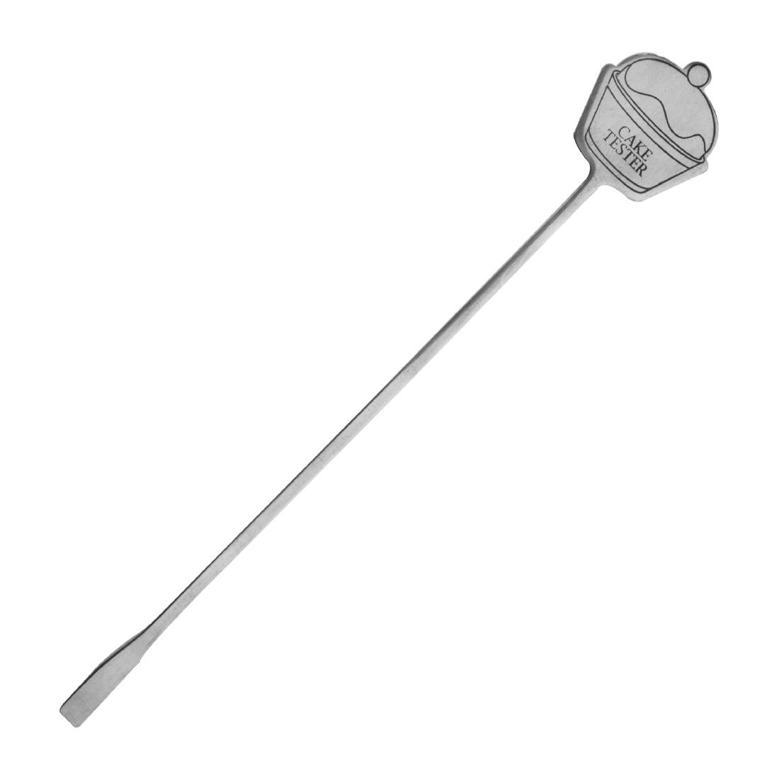 Stainless steel cake tester with a long handle and a rounded top featuring the engraved text "Cake Tester," designed for checking cake doneness.