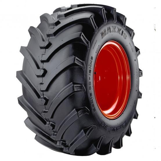 Black ATV tyre with deep, aggressive treads, featuring a bright orange rim, labeled "Maxxis M7515 4P TL Power Lug (X)" and sized 18/850-8.