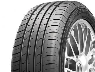 Black Maxxis Premitra 5 tire (225/55 R18 98V) featuring a sleek tread pattern and rim protection ridge, mounted on a shiny silver alloy wheel.