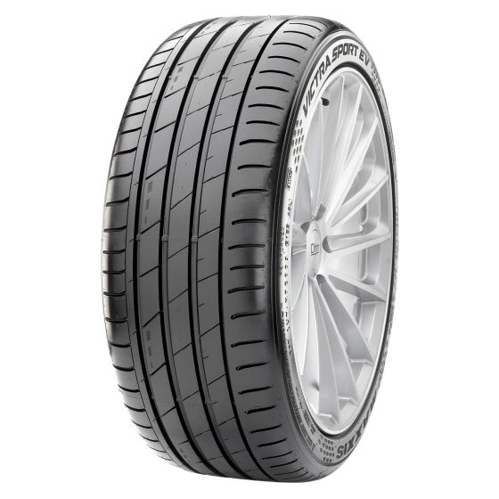 Black performance tire with a sleek tread pattern, labeled "Victra Sport EV," featuring a sidewall marked with "235/40 R19 96W XL EV" for enhanced grip and stability.