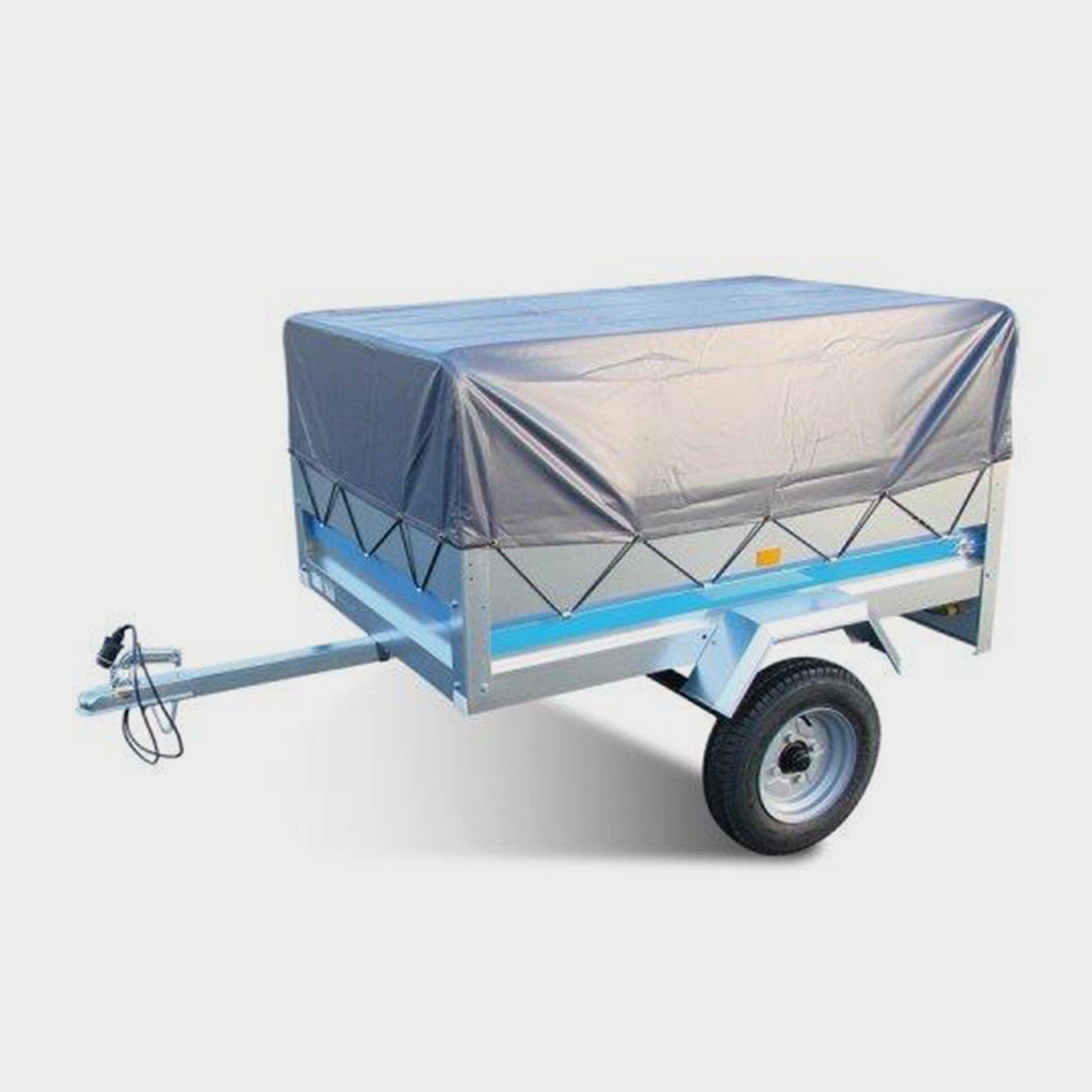 Silver high trailer frame with a grey cover, featuring a sturdy metal construction, a single wheel, and a tow hitch for easy transport.