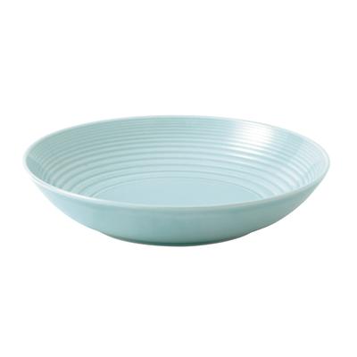 Light blue ceramic pasta bowl with a smooth, glossy finish and subtle ribbed design, measuring 9 inches in diameter, ideal for serving pasta dishes.