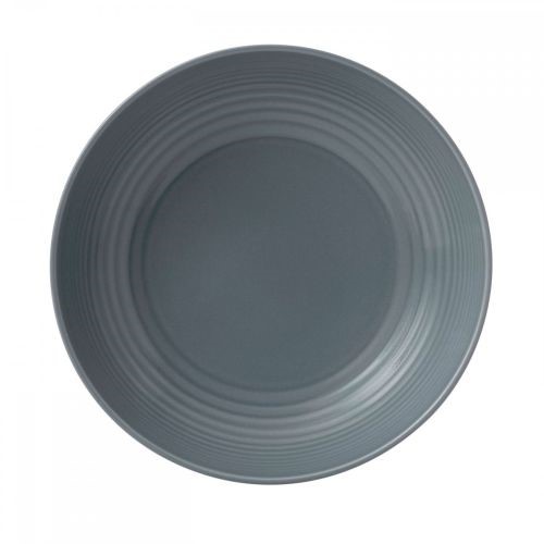 Round 9-inch pasta bowl in a dark grey color with a smooth finish and subtle concentric ring detailing, crafted from durable ceramic material.