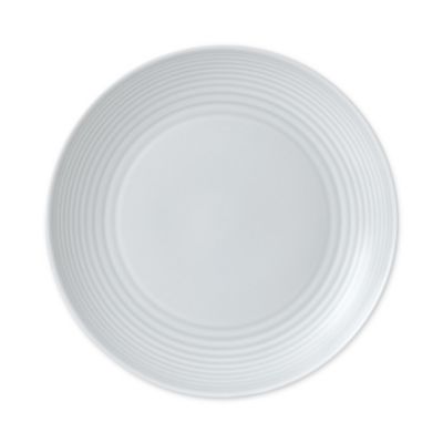 Round, light gray dinner plate with a smooth surface and subtle concentric ring design, made from durable porcelain by Royal Doulton.