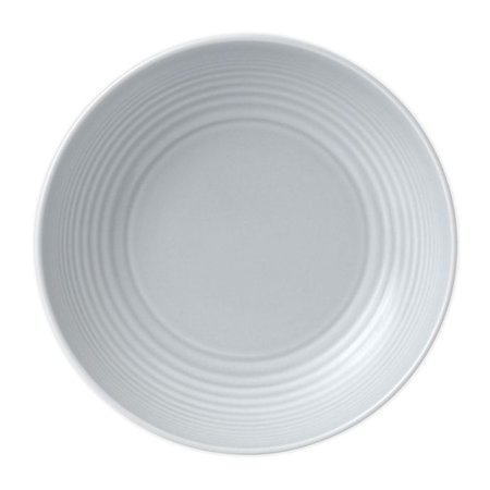 Round, 9-inch pasta bowl in light gray ceramic featuring subtle concentric ridges for texture and an elegant, modern design.