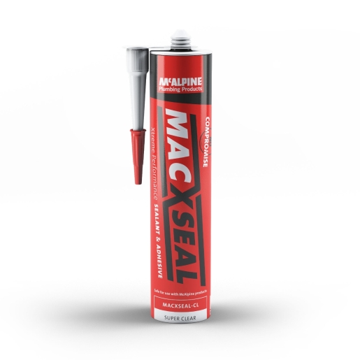 Clear sealant and adhesive in a red and silver tube, featuring a pointed nozzle for precise application, labeled "MACXSEAL" and "SUPER CLEAR" by McAlpine.