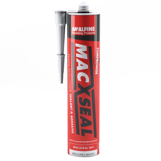 White tube of McAlpine Sealant & Adhesive with a red label, featuring "MACXSEAL-WH" and a nozzle for precise application.