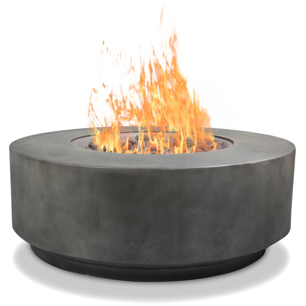 Dark grey gas fire pit with a circular design, featuring an eco-stone finish and a central flame, ideal for garden and patio use, fully assembled for convenience.
