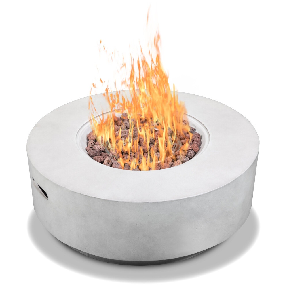 Light grey gas fire pit with eco-stone finish, featuring a circular design and a central flame surrounded by decorative rocks, fully assembled for outdoor use.