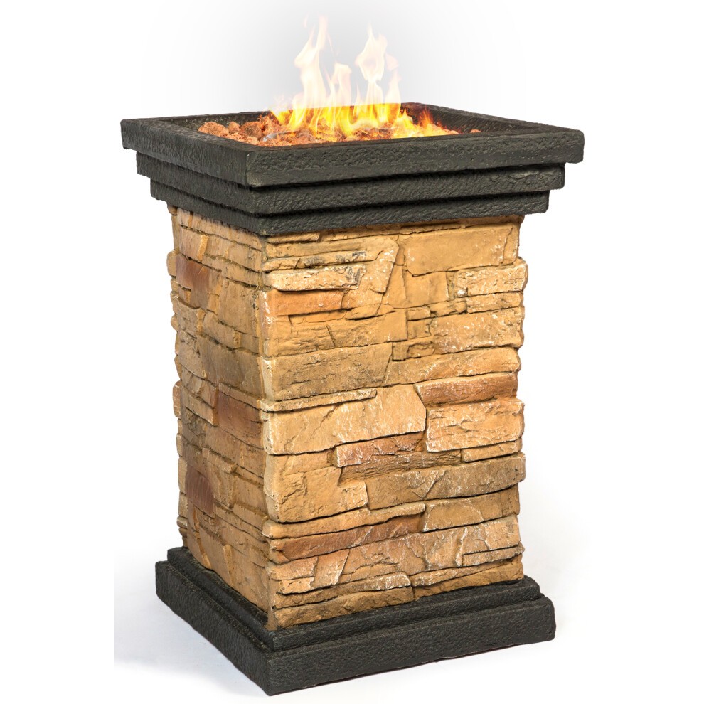 Hand-crafted stone fire column with a textured, natural stone finish in earthy tones, featuring a square top with flames and a sturdy base for outdoor use.