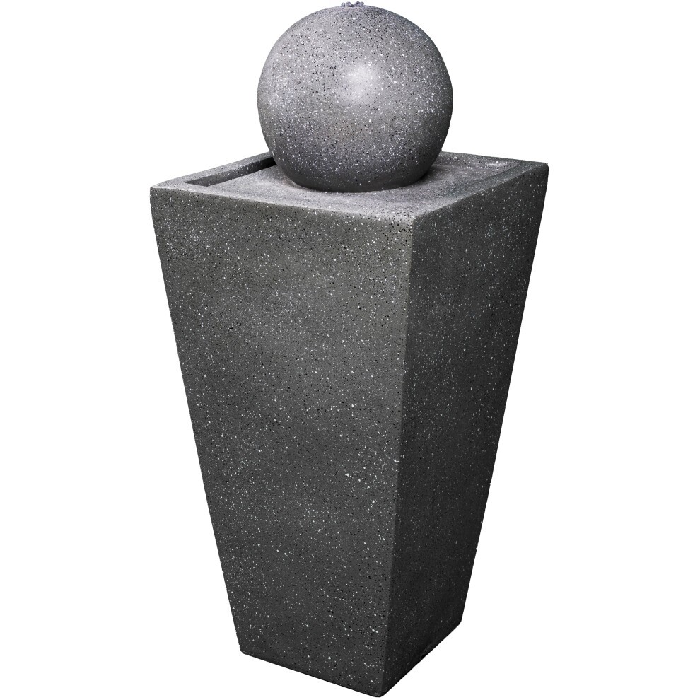Stylish outdoor water feature in grey, featuring a sleek, tapered base with a textured finish and a smooth, spherical top that gently releases water.