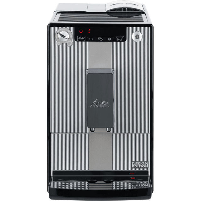 Silver and black Melitta Caffeo Solo E950-207 coffee machine with sleek stripes, featuring a control panel, coffee spout, and compact design for bean-to-cup brewing.