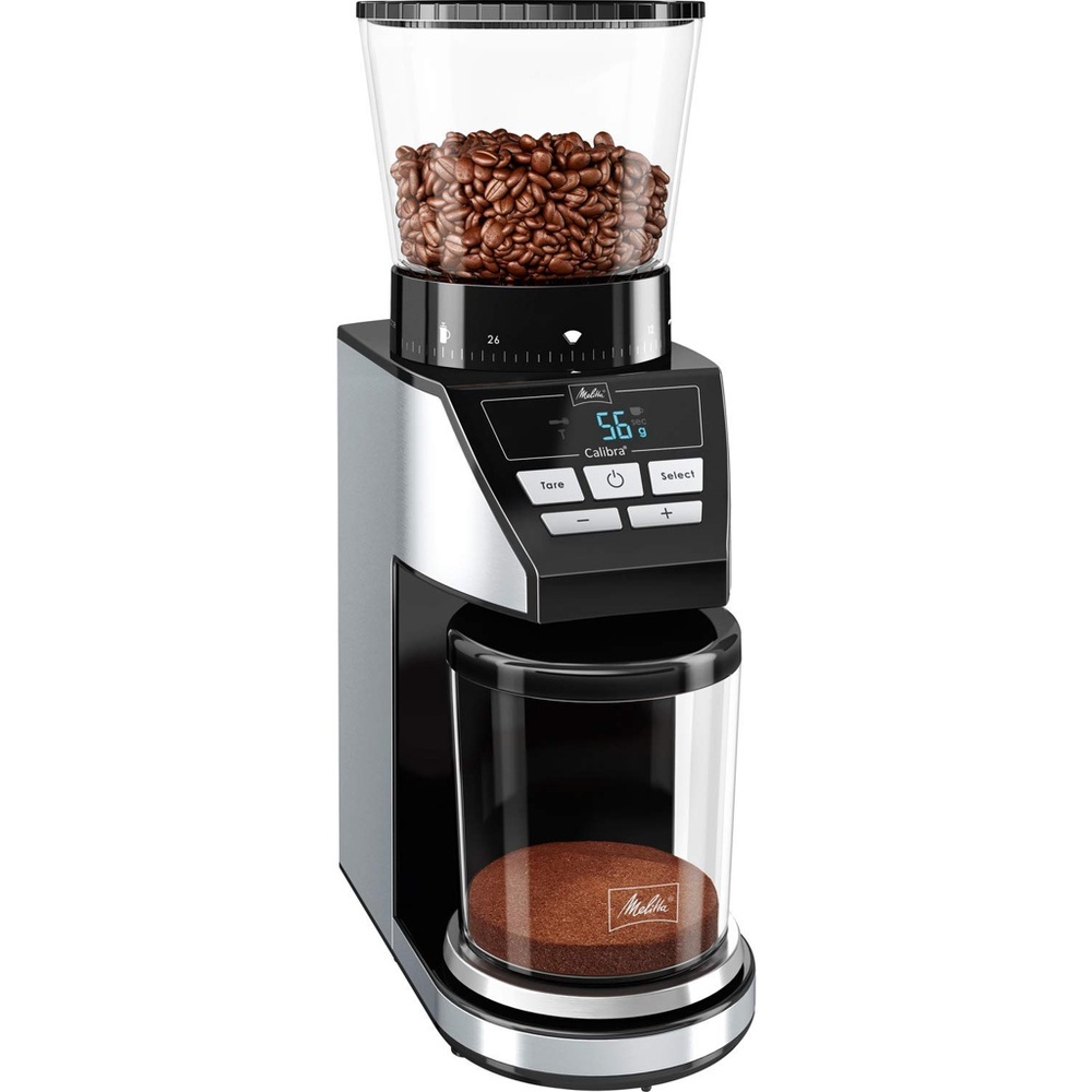 Black and silver Melitta Calibra 1027-01 espresso coffee grinder featuring a transparent bean hopper, digital display, and a glass container for ground coffee.