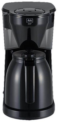 Black Melitta Easy Therm II 1023-06 filter coffee machine featuring a sleek design, transparent water reservoir, and stainless steel thermal carafe for keeping coffee hot.
