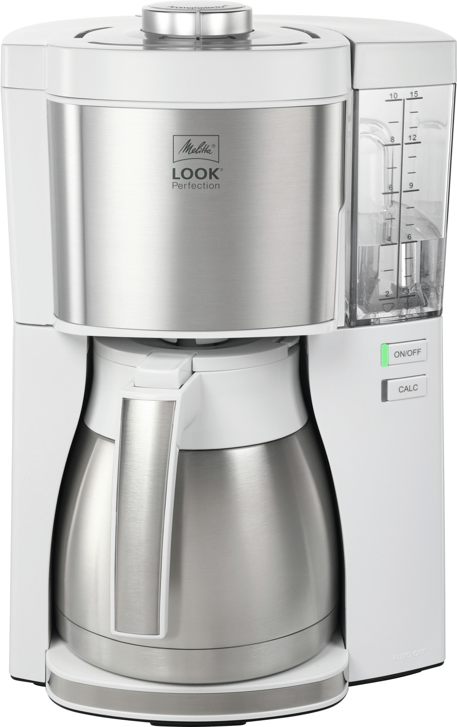White and stainless steel Melitta 1025-16 Drip Coffee Maker with a 1.25 L capacity, featuring a glass carafe, a water level indicator, and simple on/off buttons.