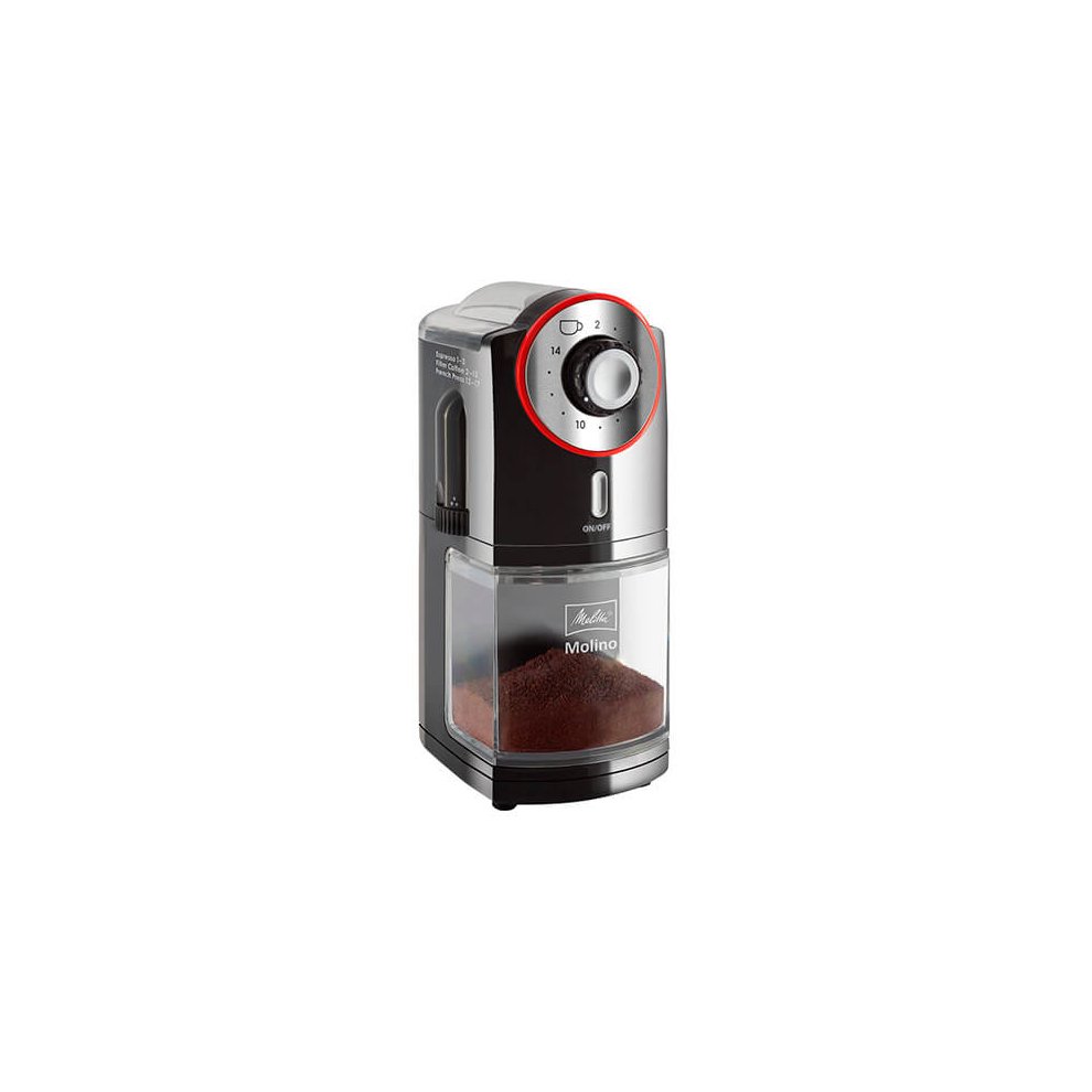 Red Melitta Molino Coffee Grinder with a sleek black body, featuring a clear container for ground coffee, a dial for grind settings, and a compact design.