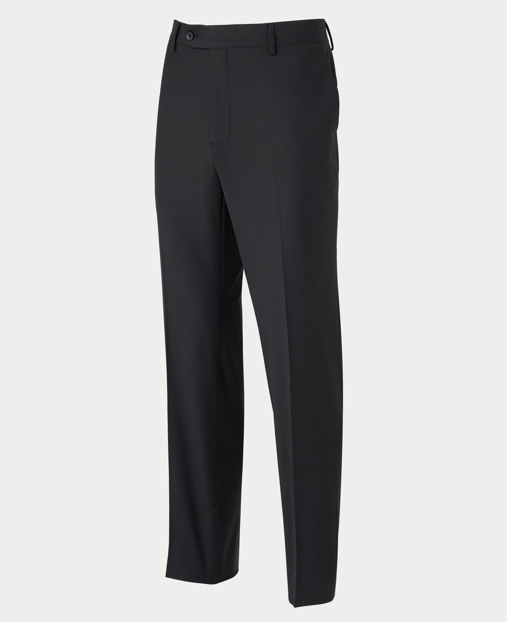 Men's black wool blend suit trousers with a tailored fit, featuring a flat front, belt loops, and a size of 34" x 32", by Savile Row Company.